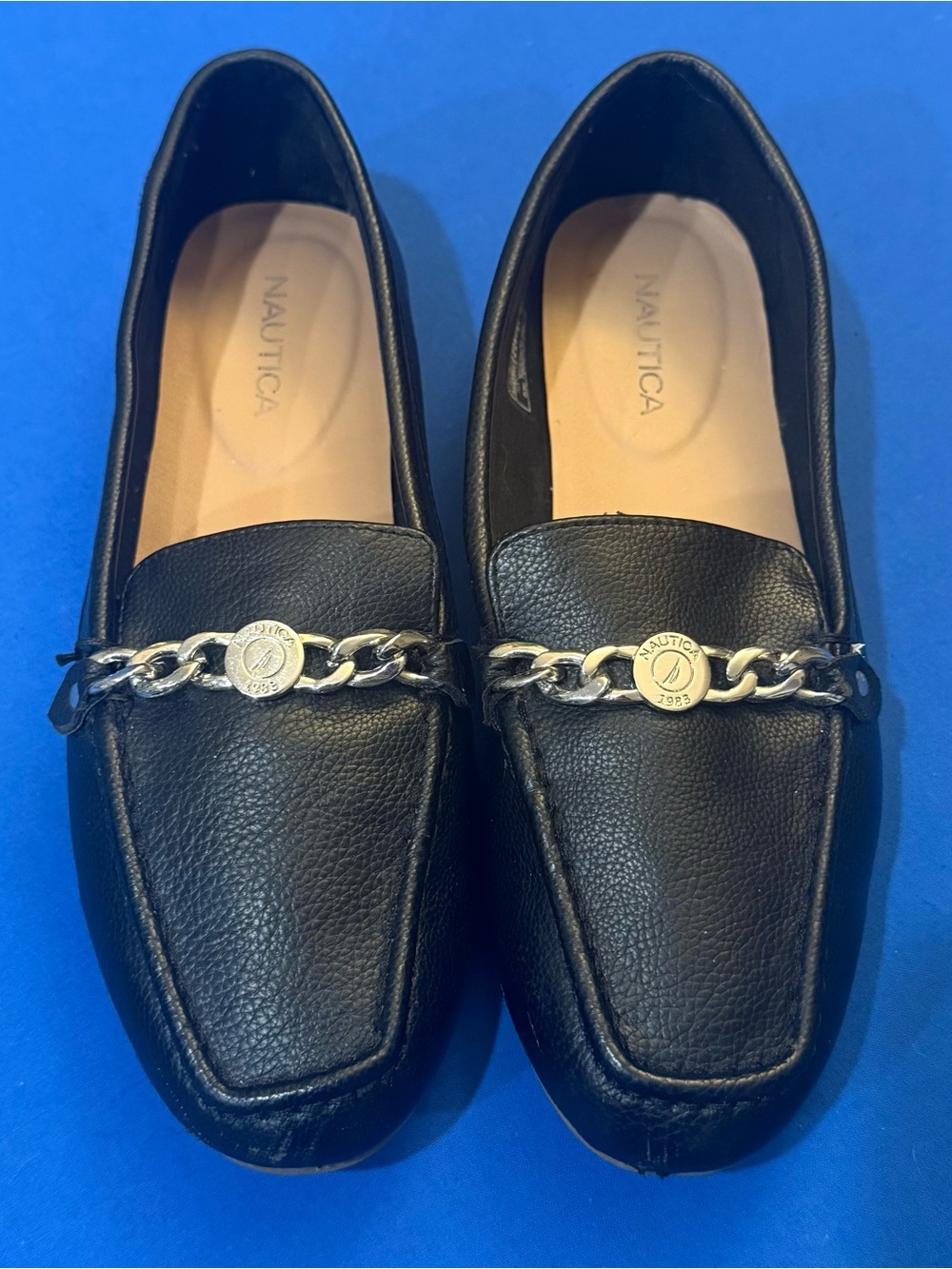 Nautica Black Leather Loafers with Silver Chain Accent size 10.5